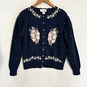 Margules Knit Crop Cardigan Sweater Womens L Embroidered Floral Cottagecore Boho